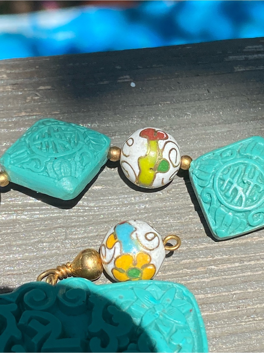 Handcrafted Carved Turquoise f Cinnabar Dragon Pendant, Shou, Cloisonné Necklace - Picture 10 of 15